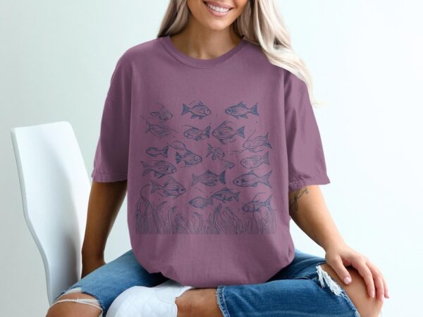 Aquarium Fish Art T-Shirt, Detailed Fish Illustrations Tee, Unique Graphic Fish Shirt, Oceanic Fish Design, Casual Wear, Multi Product